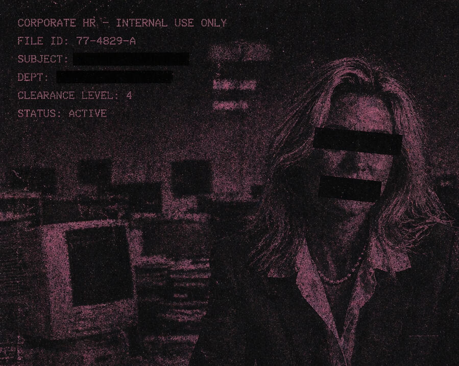 No Country for Old Women Fake File Photo Grainy, xeroxed photo of ai generated redacted business person in the gen x mean Jersey girl hits perimenopause way.